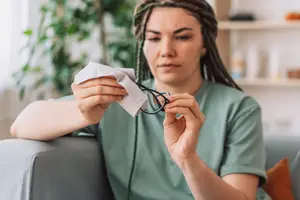 A woman is cleaning her glasses with a white cloth on a couch.