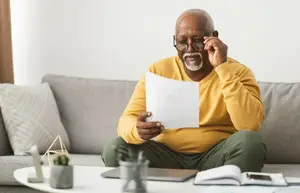An older man reading a paper with a serious expression on his face.