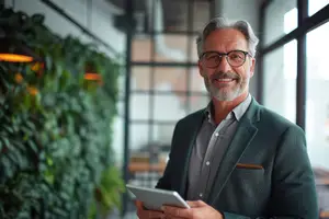 Business man with tablet smiling in office