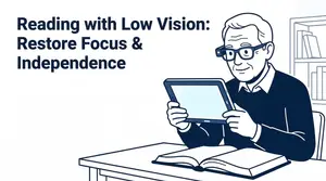 An illustration of a man with low vision using a tablet to read, sitting at a desk with a book.