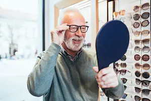 An older man wearing glasses is looking at a blue frisbee in front of a store window with sunglasses on display.