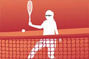 A silhouette of a tennis player holding a racket and preparing to hit a tennis ball over a net on a red background