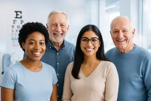 Four smiling people standing in front of an eye chart