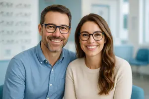 A man and a woman wearing glasses are smiling for the camera in a room with a white wall and a blue chair in the background.