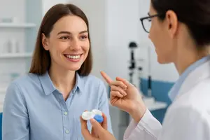 Woman in blue shirt consults with a doctor about her contact lenses