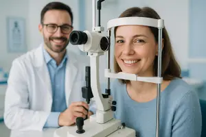 Woman smiling while having her eyes examined by an optometrist in a clinic setting