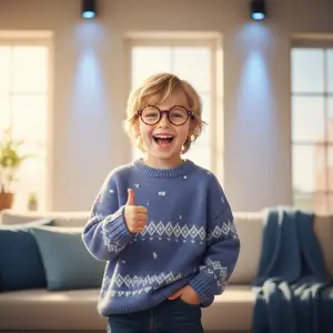 A young boy in a blue sweater and glasses giving a thumbs up in a living room