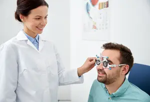 A woman is checking a man's eye with a machine in a clinic