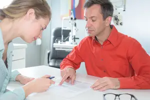 A man in a red shirt is examining a piece of paper with a woman in a blue shirt in an office setting.