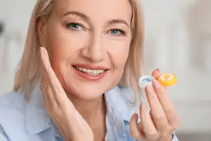 A woman is holding a bottle with her hand and smiling at the camera