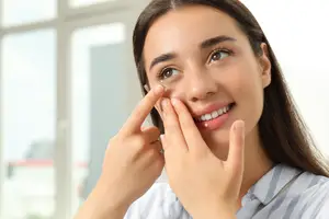 A woman wearing a striped shirt is smiling and posing for a picture while inserting a contact lens.