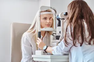 Woman having her eyes examined at the optician's office