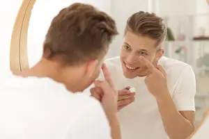 A man in front of a mirror applying eye drops