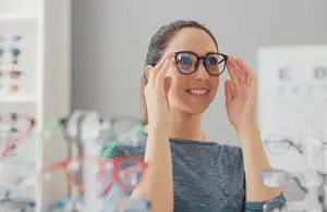 A woman is trying on glasses in a store and smiling