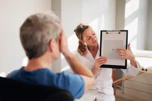 A woman in a white robe is pointing at a grid on a clipboard while a man with his hand on his head looks on.
