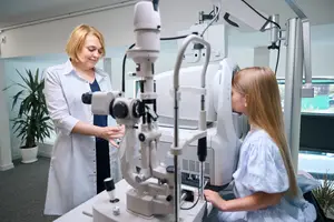 A doctor in a white lab coat is examining a young girl's eyes with an ophthalmoscope.