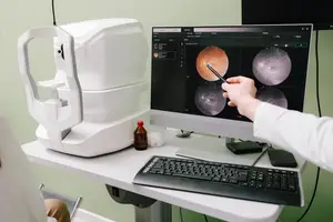 A doctor points at an eye image on a computer screen