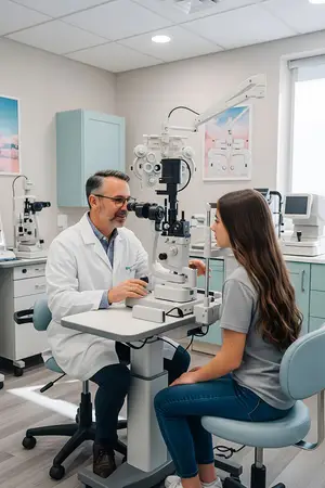 A male doctor examines a young girl's eyes using an ophthalmoscope in a modern eye clinic.
