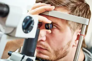 A man is examining his eyes with a slit lamp in a clinical setting.