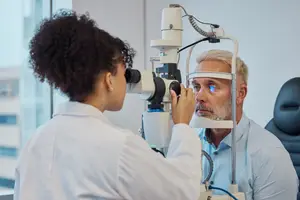 An older man is undergoing an eye examination by a female doctor in a white lab coat