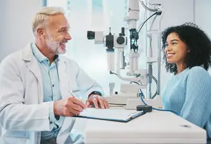 A man in a white coat is sitting in front of a woman, both of them are smiling and the man is holding a pen and paper. Behind them is an ophthalmoscope machine. The woman is wearing a blue sweater. The man is looking at the woman, and the woman is looking at the man. The room has a white wall and a glass window behind them.