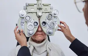 An elderly woman wearing a sweater is getting her eyes examined by an optometrist in a clinic.