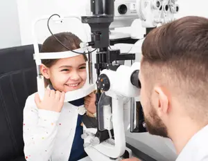 A young girl is getting her eyes checked by an optometrist at an eye clinic.