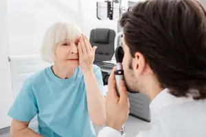 An elderly woman is having her eyes examined by a male doctor using a medical device in a clinic