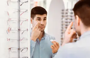 Man trying on a contact lens in front of a mirror at an optician's shop