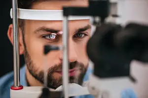 Man having his eyes checked by an optometrist with an ophthalmoscope