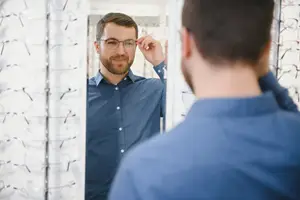 A man with a beard is looking at himself in a mirror while wearing glasses and a blue shirt.