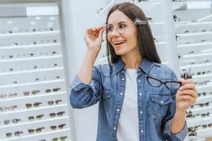 A woman in a denim jacket is smiling and holding a pair of glasses in a store with shelves full of glasses.