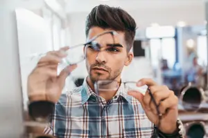 A man is examining a pair of glasses in a store.