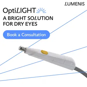 An advertisement for the OptiLight device, highlighting its bright solution for dry eyes and encouraging booking a consultation.