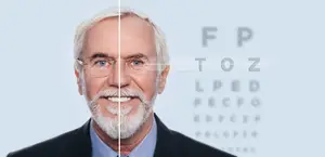 An elderly man with white hair and a beard is wearing glasses and smiling in front of an eye chart.