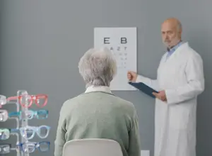 An older woman sits in an ophthalmologist's office, while the doctor stands behind her, holding a chart.