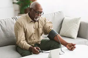 An elderly man is sitting on a couch while using a blood pressure monitor to check his blood pressure.