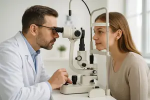 An eye doctor uses a slit lamp to examine a woman's eyes.