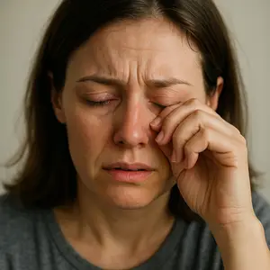 A woman with brown hair and a gray shirt is rubbing her eye with her hand.