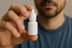 Close up of a man holding a small bottle of eye drops
