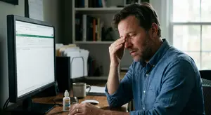 A man sitting at his desk rubbing his eyes with a bottle of dry eye relief next to him