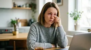 Woman sitting in a kitchen, looking stressed out while holding her face with her right hand.