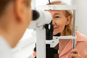 An older woman is having her eyes examined by a doctor in a clinic.