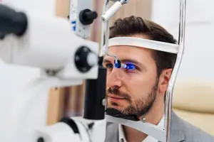 Man in a suit undergoing an eye examination at a clinic.
