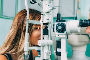 Woman having her eyes checked with a slit lamp in an optometrist's office.