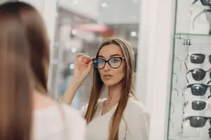 Woman holding glasses in front of her face and looking in a mirror