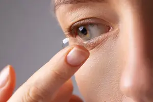 A close-up view of a person's eye with a contact lens in their hand.