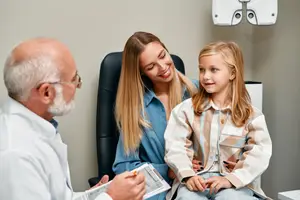 A girl and her mother sitting next to a dentist in an office while the dentist looks at a paper in his hand