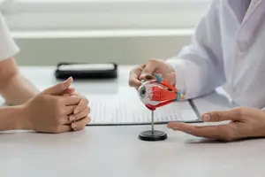 Doctor demonstrating eye model to patient