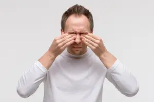 Image of a man rubbing his eyes with both hands